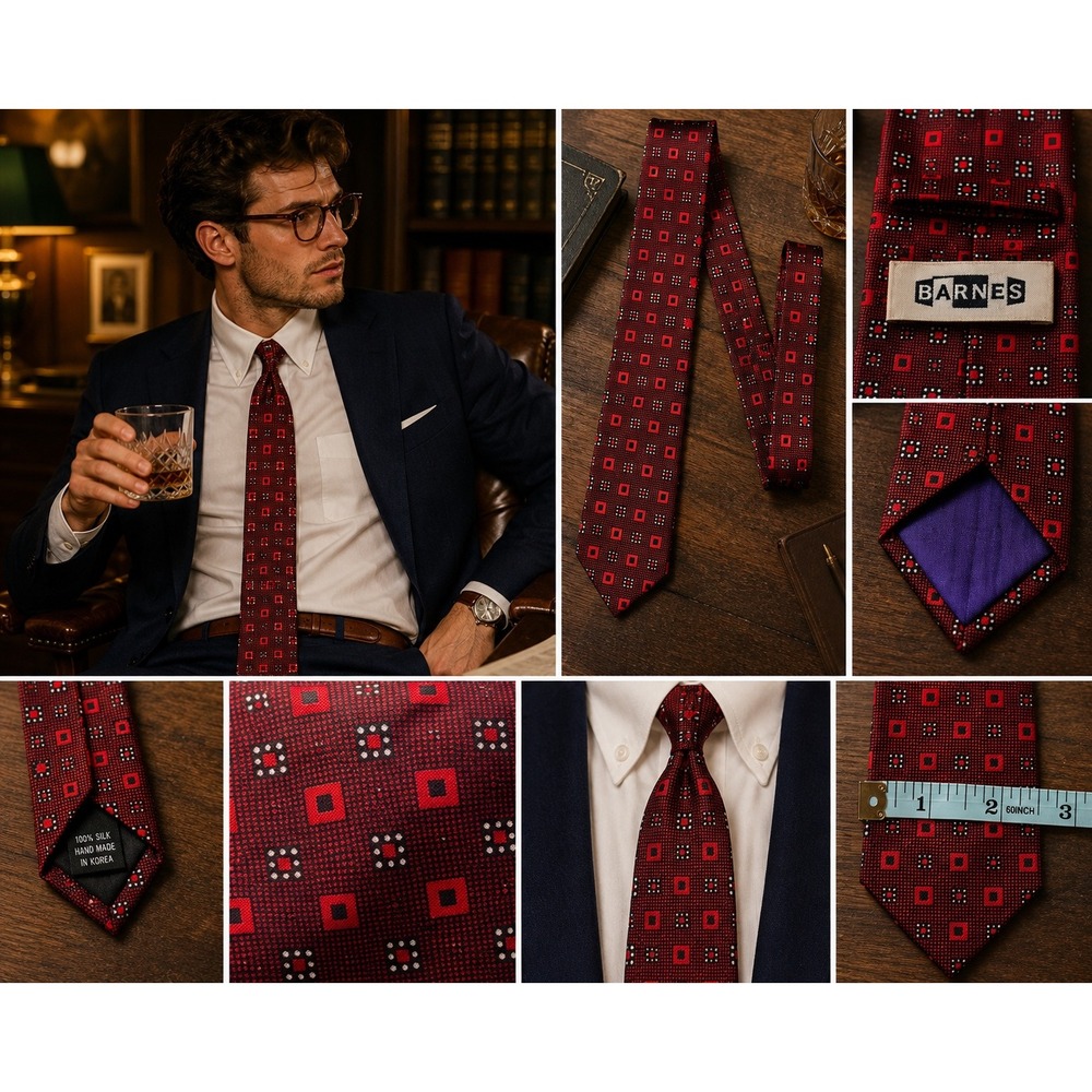 Barnes Mens Vintage Slim Necktie Red Burgundy Geometric Square Silk Narrow Tie